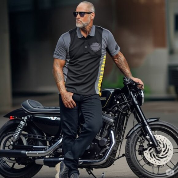 Harley-Davidson Mens Polo Shirt Black & Gray With Yellow Graphics Size L - Picture 1 of 15